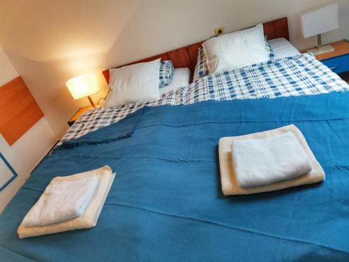 a blue bed with two towels on top of it at Penzion Pastviny in Pastviny