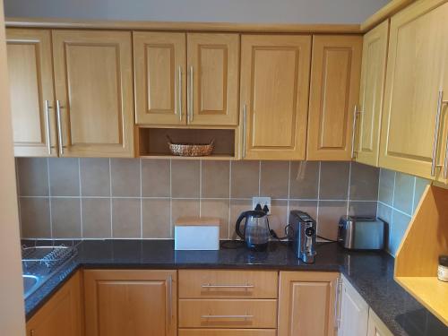 a kitchen with wooden cabinets and a counter top at Mimosa Self-Catering Studio Durbanville in Durbanville