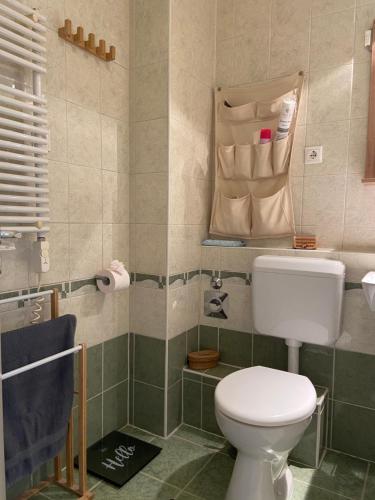 La salle de bains est pourvue de toilettes blanches. dans l'établissement Gyöngy Apartman, à Sopron