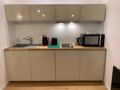 a kitchen with a sink and a microwave at Les Tiercelines in Dole