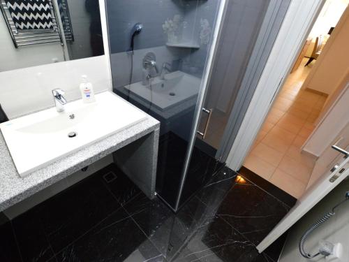 a bathroom with a sink and a shower at TOP-APARTMENT MONTENEGRO, with private Pool! in Kumbor