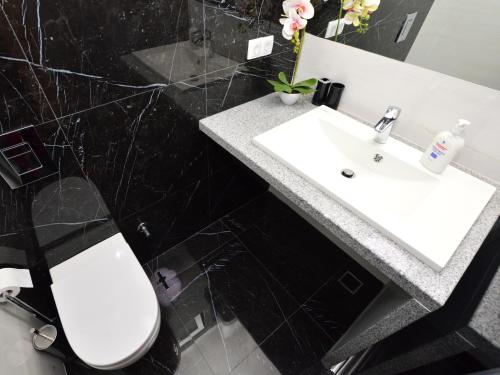a bathroom with a white sink and a toilet at TOP-APARTMENT MONTENEGRO, with private Pool! in Kumbor
