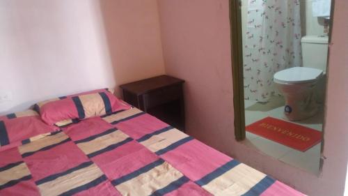 1 dormitorio con cama, aseo y espejo en Hostal Villa Aurora, en Roldanillo