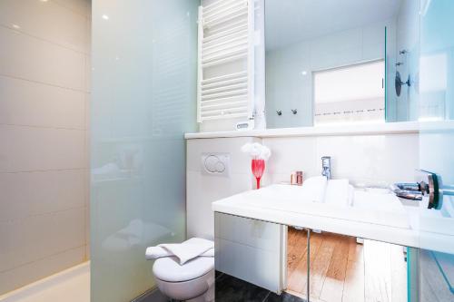 een badkamer met een wastafel, een toilet en een spiegel bij Le Joffre Grimaldi Nice AP2089 in Nice