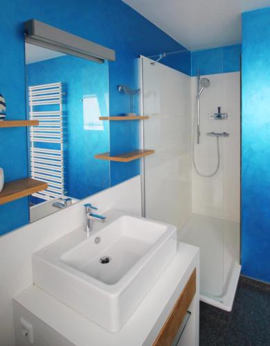 a bathroom with a white sink and a shower at schwimmende Ferienwohnung Sundowner in Elsterheide