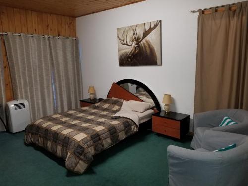 All Star Resort في Madawaska: غرفة نوم بسرير وكرسي