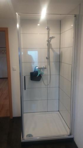 a glass shower stall with a faucet at Fam.Singer in Garching an der Alz