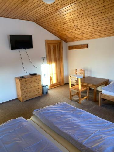 Schlafzimmer mit einem Bett, einem Tisch und einem TV in der Unterkunft Relax Centrum Gól in Loučná nad Desnou