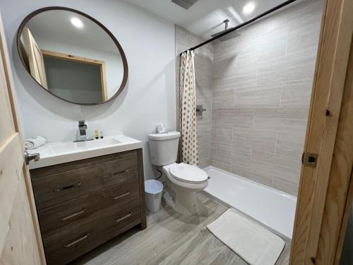 a bathroom with a toilet and a sink and a mirror at SOBE suites in Miami Beach in Miami Beach