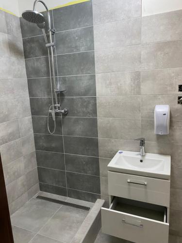 a bathroom with a shower and a sink at Relax Centrum Gól in Loučná nad Desnou