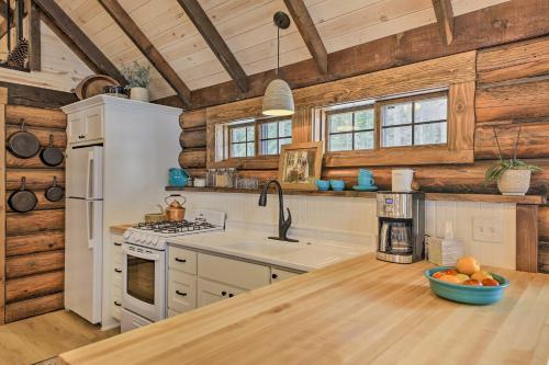 a kitchen with wooden walls and a counter top at Serene Kootenai Cabin - 3 Mi to Dtwn and River! in Bonners Ferry