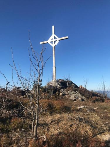 a white cross on top of a hill with a tree at Erlebnispension Zum Wanderer Sepp in Arnbruck