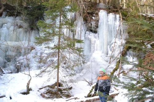 a woman standing in the snow in front of a waterfall at Erlebnispension Zum Wanderer Sepp in Arnbruck
