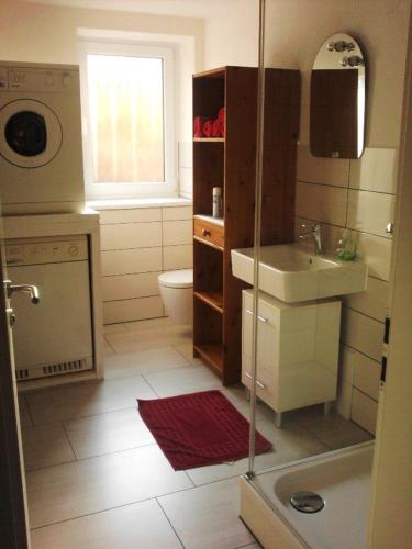 a bathroom with a shower and a sink and a toilet at "Libelle am Bernsteinsee" Zimmer in Stüde, Sassenburg in Sassenburg