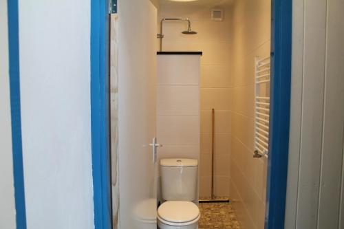 La petite salle de bains est pourvue d'une douche et de toilettes. dans l'établissement boerderij de duinen 111, à De Cocksdorp