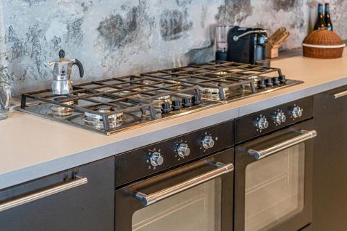 a stove top oven with a tea kettle on it at Villa Molin Del Faure in Alleghe