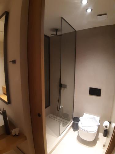 a bathroom with a toilet and a glass shower at Theofilos City Hotel in Chania