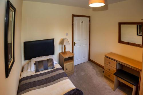 a bedroom with a bed and a dresser and a mirror at 21 Killarney Holiday Village in Killarney