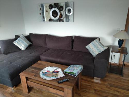 a living room with a brown couch and a coffee table at Ferienwohnung Ries in Nördlingen