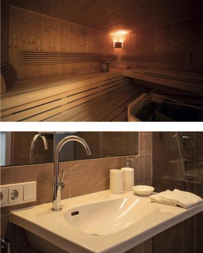 a bathroom with a sink and a counter top at Golden Peak in Sankt Anton am Arlberg