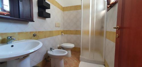 a bathroom with a sink and a toilet and a shower at Olbiamarestudios in Olbia