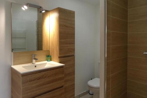 a bathroom with a sink and a toilet and a mirror at Holiday Home in Damgan near Sandy Beaches in Damgan