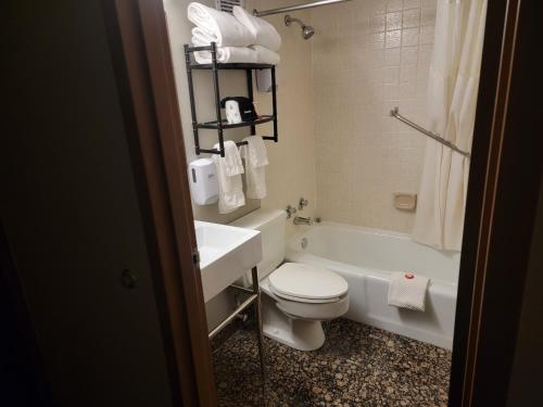 a bathroom with a toilet and a sink and a tub at The Dakota in Sioux Falls