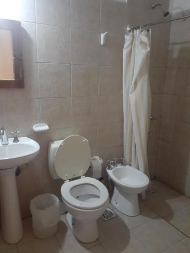 uma casa de banho com um WC e um lavatório em Hostal Candelaria em Cafayate