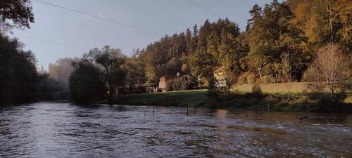 a view of a river with houses and trees at Lesní Restaurace Harrachovka in Tábor