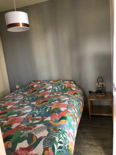 uma cama com um edredão colorido num quarto em Cottage 4 personnes dans domaine privé em Signy-le-Petit