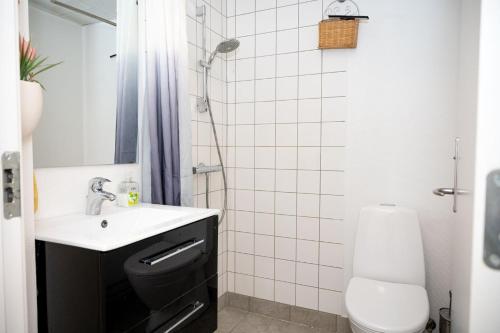 ein Bad mit einem Waschbecken und einem WC in der Unterkunft 300 meter walk to LEGO HOUSE - 80m2 two bedroom apartment with garden in Billund