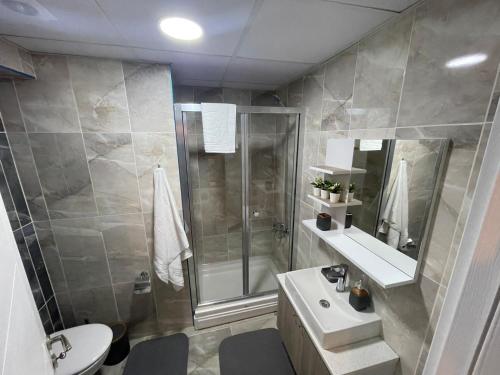 a bathroom with a shower and a sink and a toilet at King Suite AE4 in Istanbul