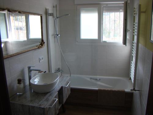a bathroom with a sink and a bath tub at Chalet con piscina y BBQ para 10 personas in San Martín de Valdeiglesias