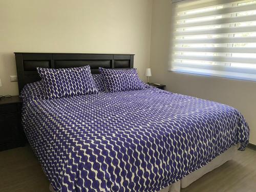 1 cama con edredón azul y blanco y ventana en Departamento Pucón Andino en Pucón