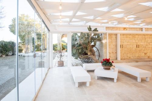 a patio with white furniture and glass walls at Masseria Agrituristica Lama San Giorgio in Rutigliano