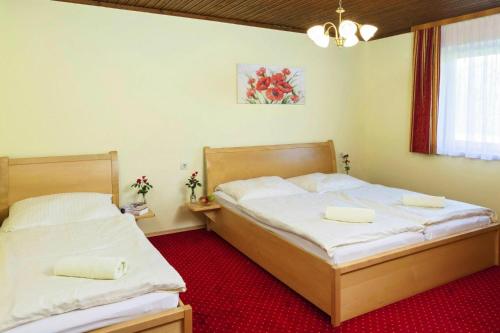 two beds in a room with red carpet at Bungalow in St Kanzian am Klopeler See with a terrace in Unternarrach