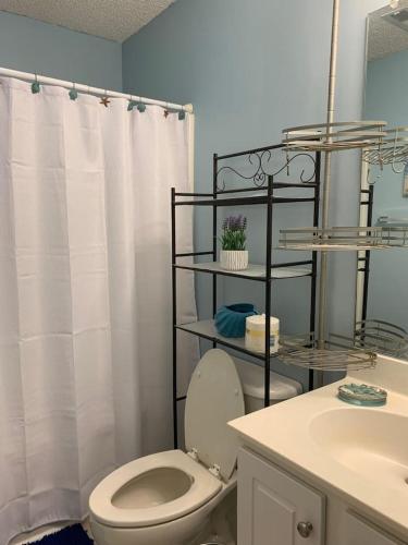 a bathroom with a toilet and a sink at Lovely two-story house with spacious backyard in Summerville