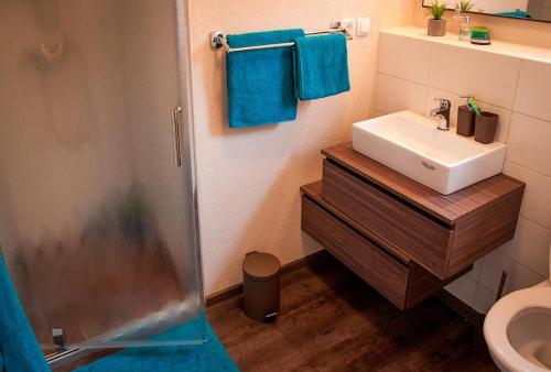 La salle de bains est pourvue d'un lavabo et de toilettes. dans l'établissement Mobile Home Sea Shell Šime, Drage, à Drage
