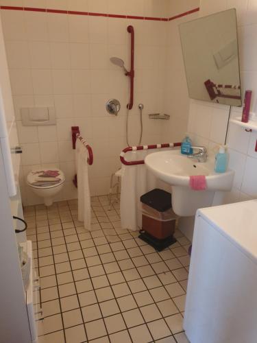 La salle de bains est pourvue d'un lavabo et de toilettes. dans l'établissement Ferienwohnung, à Halle-sur-Saale