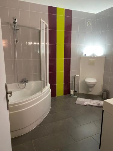 a bathroom with a bath tub and a toilet at Logement calme et spacieux avec terrasses in Le Havre