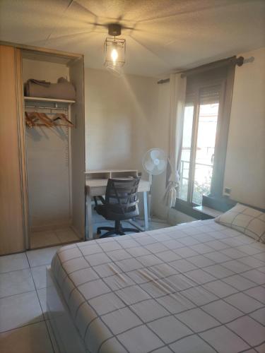 ein Schlafzimmer mit einem Bett, einem Schreibtisch und einem Fenster in der Unterkunft appartement calme de 48m2 in Amélie-les-Bains-Palalda