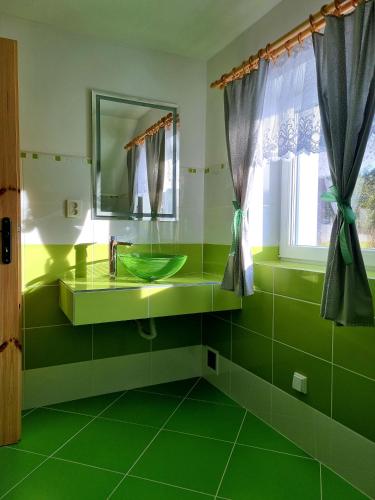 a green bathroom with a sink and a mirror at Dům a chatka pod Smrkem in Nové Město pod Smrkem
