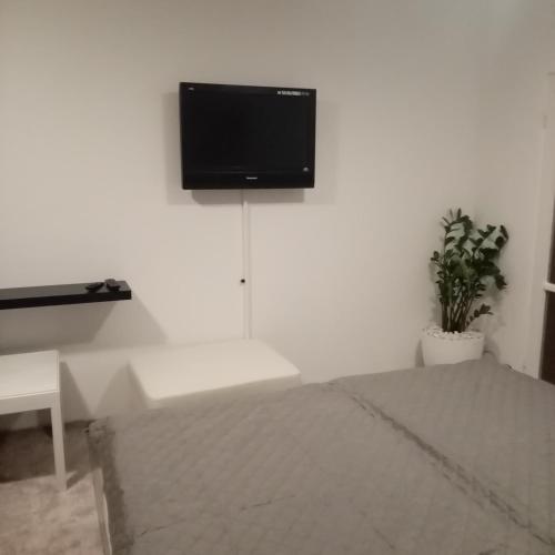 a bedroom with a flat screen tv on a white wall at Apartmán BlueA in Jihlava