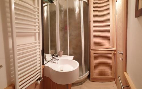W łazience znajduje się umywalka i prysznic. w obiekcie Profumo di Legno a Cielo Alto La Coquille w mieście Breuil-Cervinia