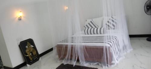 a bedroom with a bed with a mosquito net at Baagie Homestay in Ella