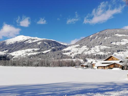 a house in the snow next to a snow covered mountain at Haus Seppi in Neukirchen am Großvenediger