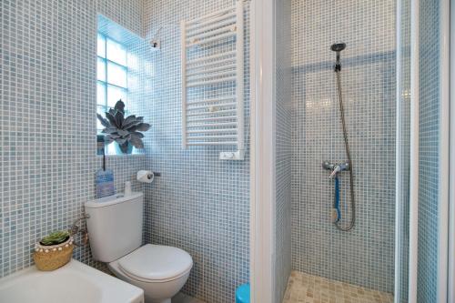 a blue tiled bathroom with a toilet and a shower at Apartamento Caepionis in Chipiona