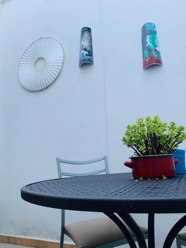 a black table with a potted plant on it at B&B NONNA TINA in Gemini