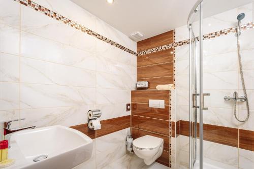 a bathroom with a shower and a toilet and a sink at Penzión Pod Babou in Omšenie
