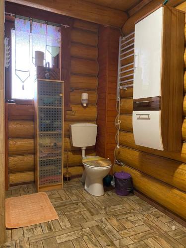 a bathroom with a toilet in a wooden cabin at У Фёдера и Маргариты in Nizhnyaya Grabovnitsa